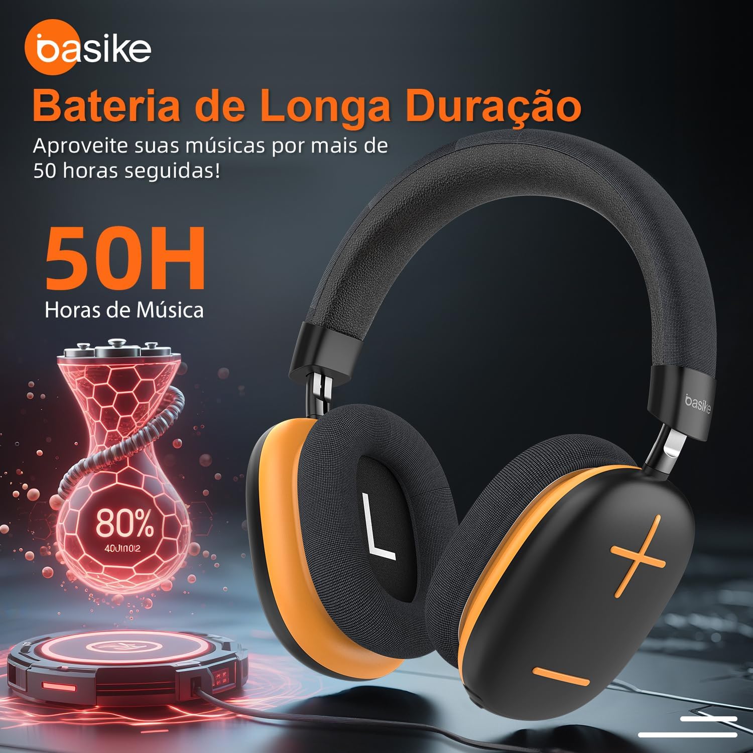 Basike Fones De Ouvido Sem Fio, Headphone Bluetooth on-ear com Microfone, Até 50 Horas de Música, HQ182B (Laranja Preto)
