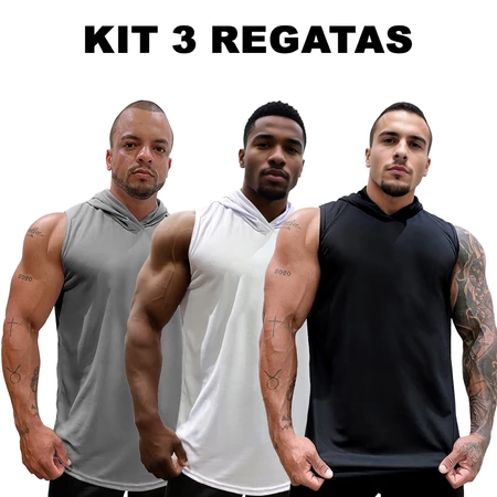 Kit com 3 Camisetas Regatas Masculina Longline Dry com Capuz Lisa Sem Estampa Básica Secagem Rápida